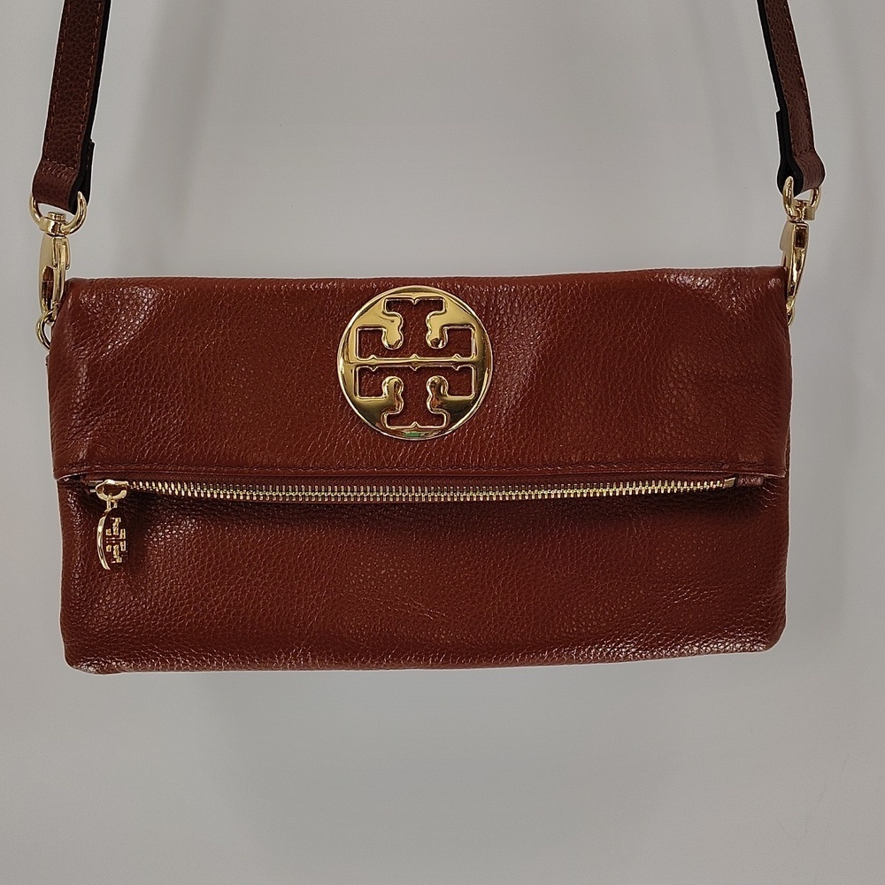 Tory Burch Crossbody Bag Fold Over Chestnut Clutch Convertible READ